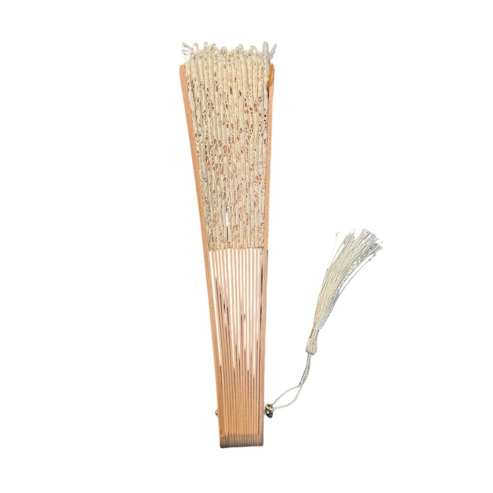 White Lace Folding Hand Fan Natural Wood Ribs with Tassel Accessory - Picture 3 of 3